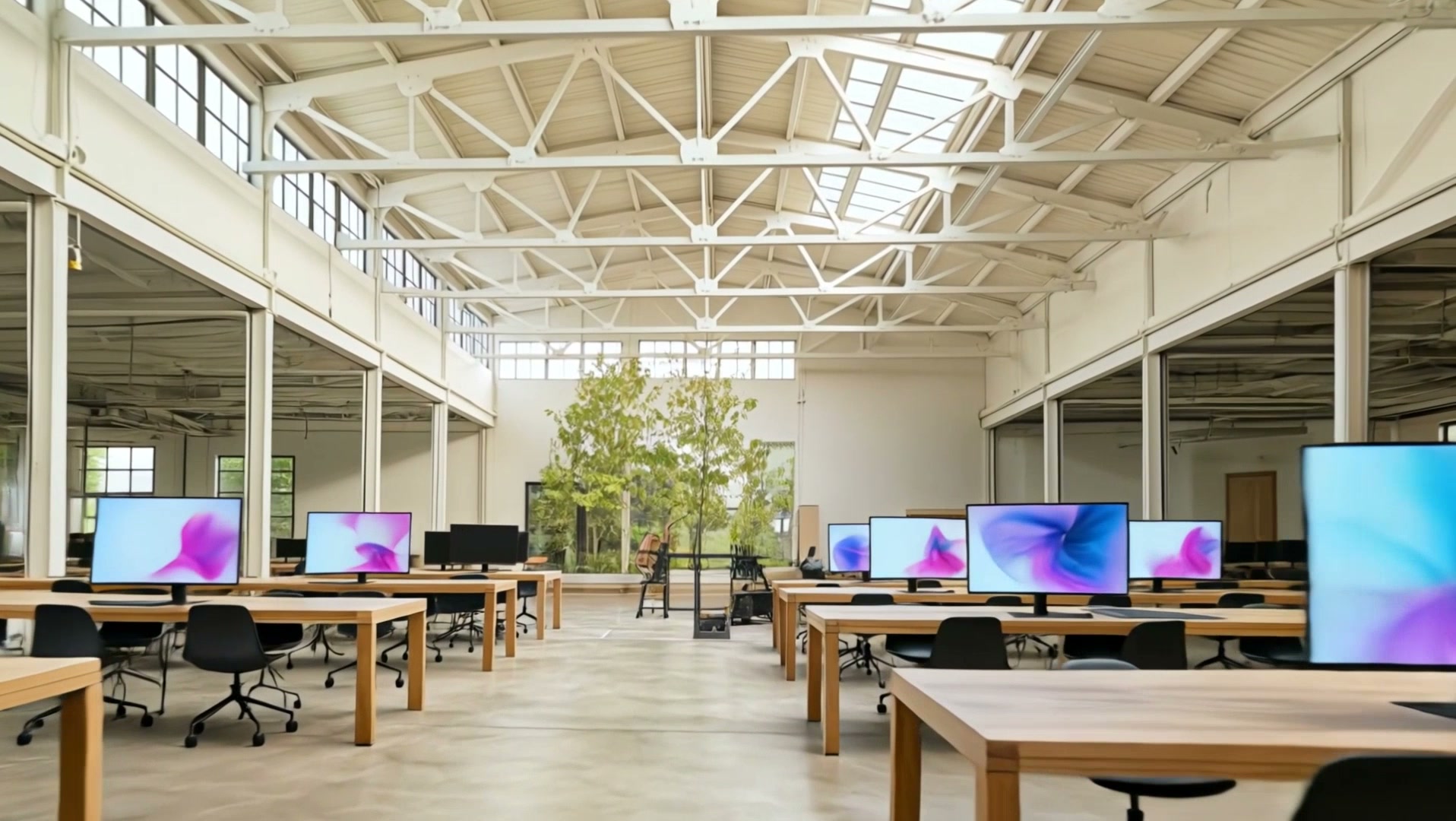 Inside the studio: long timber desks under a white steel roof, with screens glowing softly
