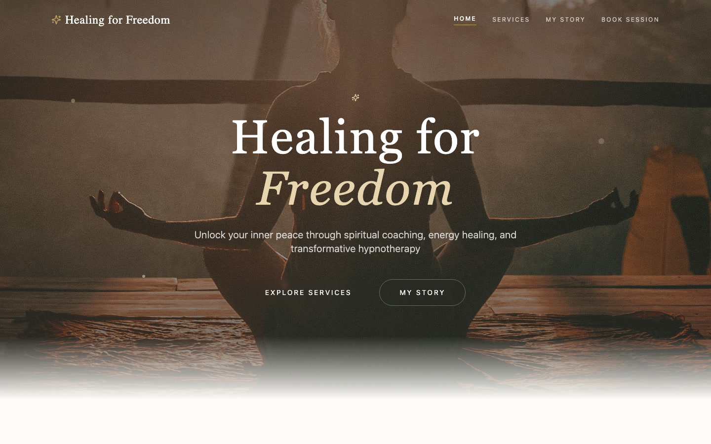 The Healing for Freedom homepage: a calm, warm scene with the title Healing for Freedom